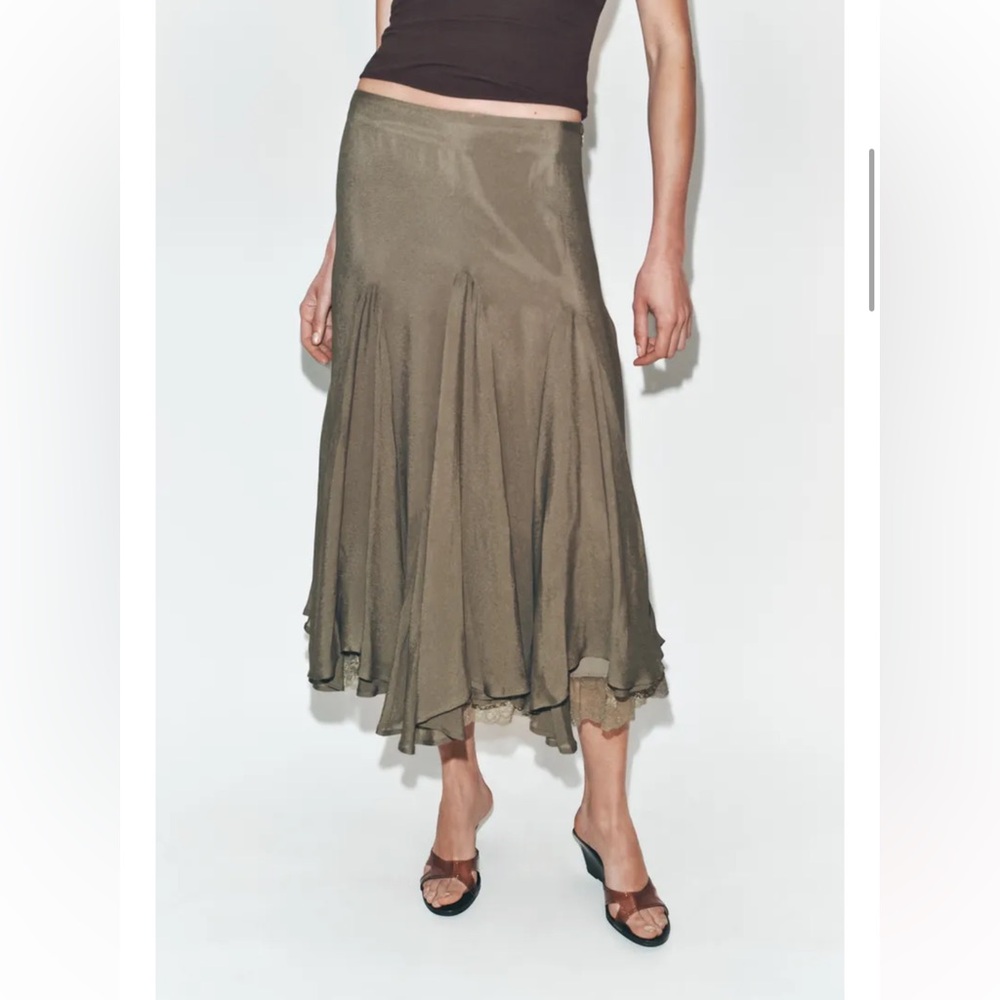 NWT Zara Flowy Midi Skirt Taupe Grey Godet Panels Flared Asymmetric Hem Women S